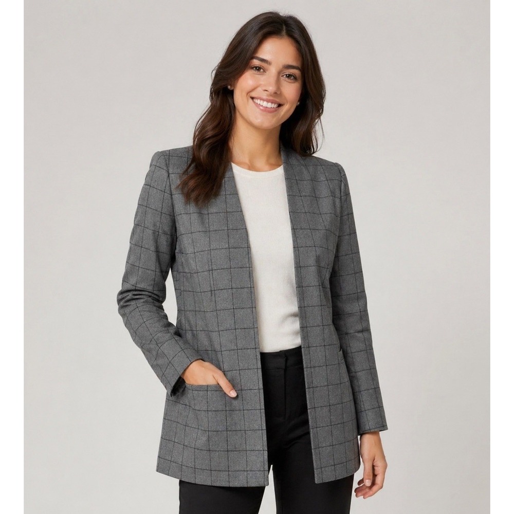 Calvin Klein Women's 4P Collarless Plaid Topper Jacket Grey Windowpane Blazer